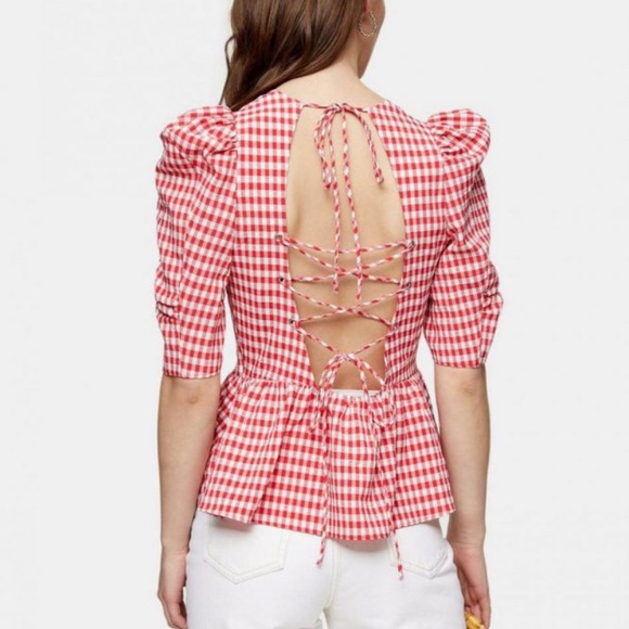 Topshop red gingham puff sleeve open back top - uk 8 us 4 - Picture 1 of 4